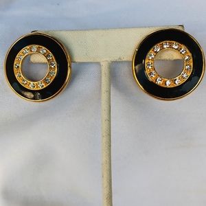 vintage Monet black enamel gold plated faux diamond O earrings